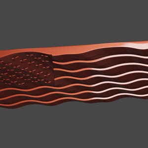 May include: A red, white, and blue American flag made of wood with a wavy design.
