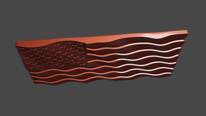 May include: A red, white, and blue American flag made of wood with a wavy design.