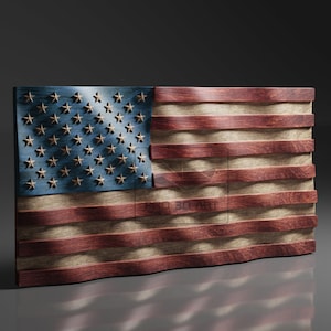 May include: A wooden American flag with a wavy, textured surface. The stars are gold and the stripes are red and white.