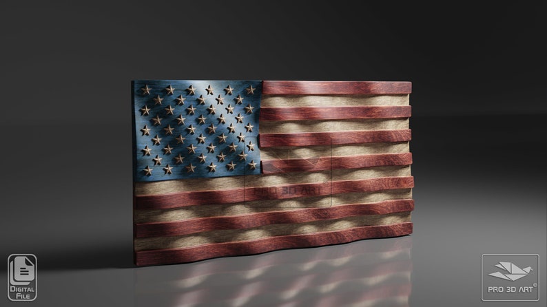 May include: A wooden American flag with a wavy, textured surface. The stars are gold and the stripes are red and white.