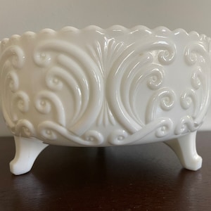Imperial Milk Glass Scroll pattern compote 4” 7”diameter