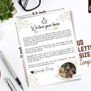 Op de afbeelding: Een handgeschreven brief met een bloemmotief en een foto van een gezin. De brief luidt "We love your home" en bevat een bericht over het vinden van een nieuw huis voor hun groeiende gezin. De brief is 8,5 inch bij 11 inch.
