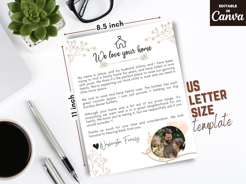 Op de afbeelding: Een handgeschreven brief met een bloemmotief en een foto van een gezin. De brief luidt "We love your home" en bevat een bericht over het vinden van een nieuw huis voor hun groeiende gezin. De brief is 8,5 inch bij 11 inch.