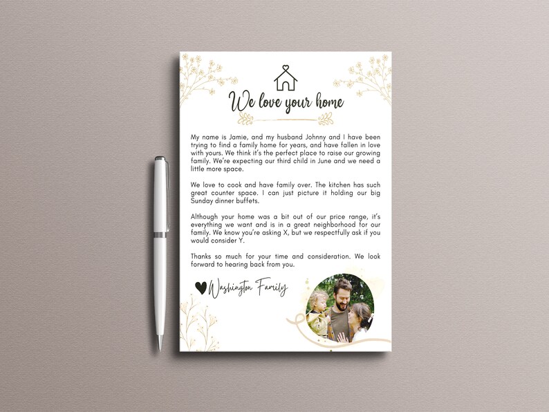 Op de afbeelding: Een handgeschreven brief op wit papier met gouden bloemmotieven. De brief luidt "We love your home" en legt uit waarom de familie ge&iuml;nteresseerd is in het kopen van het huis. De brief is ondertekend met "Familie Washington" en bevat een foto van de familie.