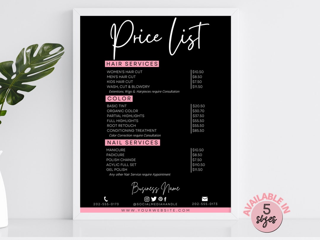 Editable Price List Template Sign for Small Business, Printable Price ...