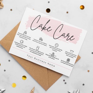 ケーキのお手入れカード テンプレート、印刷可能な結婚式と誕生日のケーキのお手入れガイド、ケーキの説明書、ピンクの水彩画のベーカリーのお手入れ用挿入物 CC009