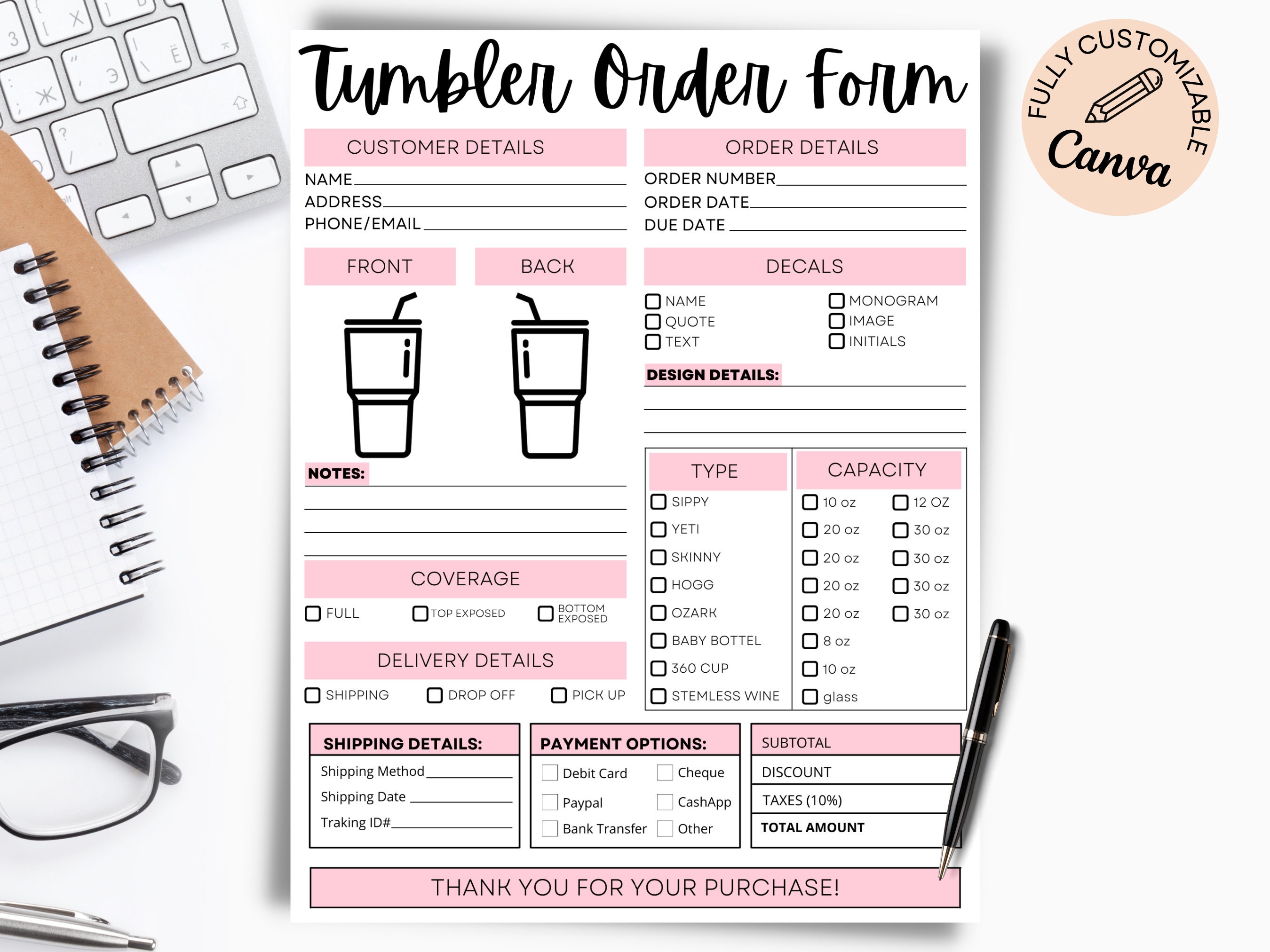 Custom Tumbler Order Form Printable Tumbler Order Form Etsy