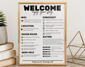 Cartello di benvenuto Airbnb Modello modificabile stampabile, Cartello affitto vacanze VRBO, Poster di arrivo degli ospiti, Regole della pensione, Modello di cartello informazioni Wi-Fi