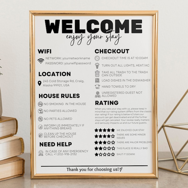 Airbnb Welcome Sign Printable Editable Template, VRBO Vacation Rental Sign, Guest Arrival Poster, Guest House Rules, Wifi Info Sign Template