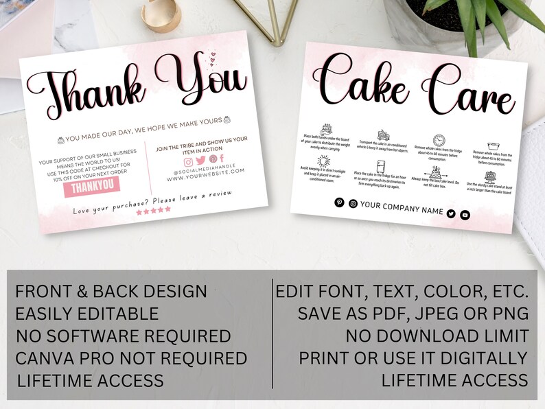 Cake Care Card Template Cake Business Thank You Cards Cake Etsy