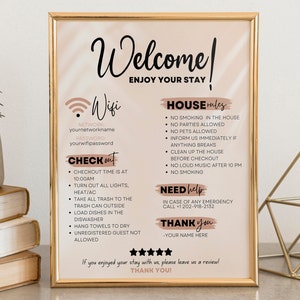1-stronicowy szablon znaku powitalnego Airbnb| Przewodnik powitalny AirBnB| Znak z instrukcją wymeldowania wynajmu Airbnb| Zasady domu | Szablon znaku WIFI Airbnb