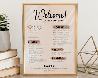 1 Page Airbnb Welcome Sign Template| Welcome Guide AirBnB| Airbnb Rental Check Out Instruction Sign|House Rules |Airbnb WIFI sign Template