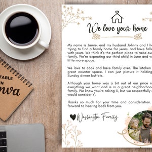 Op de afbeelding: Een handgeschreven brief met een huissymbool en de tekst "We love your home". De brief is geschreven in een vriendelijke toon en drukt interesse uit in de aankoop van een huis. De brief wordt vergezeld door een foto van een gezin.