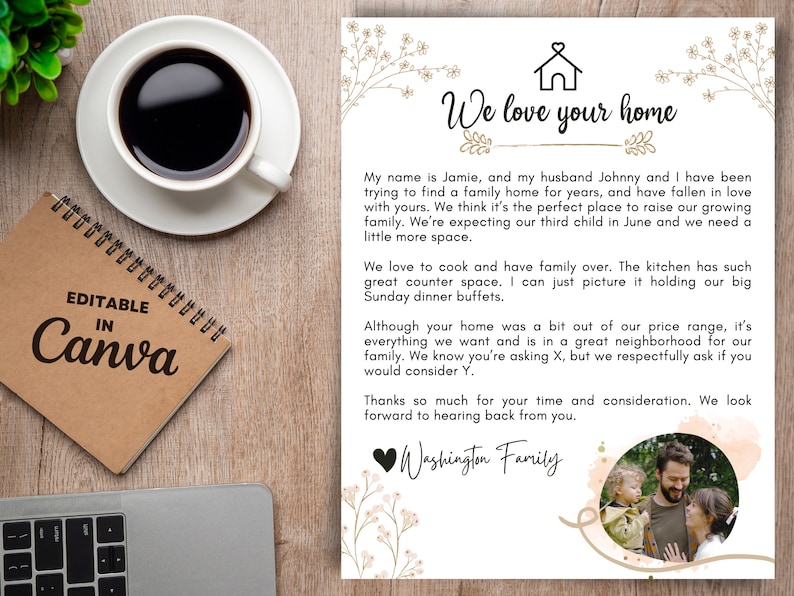 Op de afbeelding: Een handgeschreven brief met een huissymbool en de tekst "We love your home". De brief is geschreven in een vriendelijke toon en drukt interesse uit in de aankoop van een huis. De brief wordt vergezeld door een foto van een gezin.