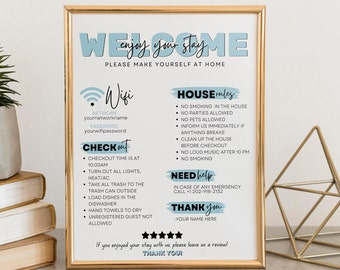 Cartello di benvenuto Airbnb Modello modificabile stampabile, Cartello affitto vacanze VRBO, Poster di arrivo degli ospiti, Regole della pensione, Modello di cartello informazioni Wi-Fi