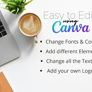 Op de afbeelding: Een witte laptop met een kop koffie op een wit oppervlak. De tekst "Easy to Edit using Canva" wordt weergegeven boven een lijst met opsommingstekens: "Change Fonts & Colours", "Add different Elements", "Change all the Text" en "Add your own Logo".