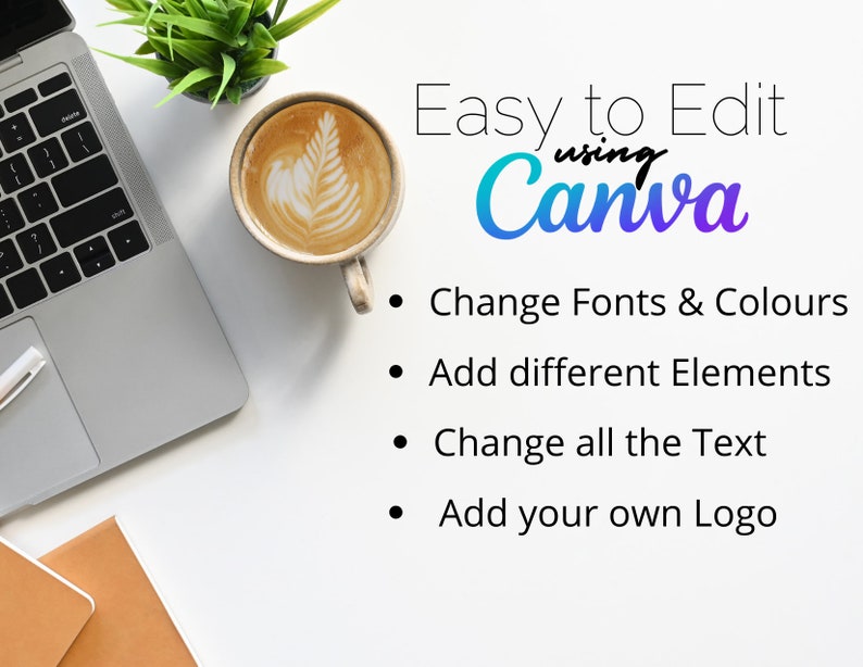 Op de afbeelding: Een witte laptop met een kop koffie op een wit oppervlak. De tekst "Easy to Edit using Canva" wordt weergegeven boven een lijst met opsommingstekens: "Change Fonts & Colours", "Add different Elements", "Change all the Text" en "Add your own Logo".