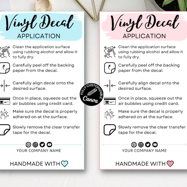 Printable Vinyl Decal Care Card Instructions. Decal Application Order Card, DIY Sticker Seller Packaging Label, Vinyl Decal Care Cards