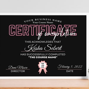 Certificate of Completion Template | DIY Black Training Course Award Beauty Makeup Nails Lash Tech MUA Hairstylist Editable Canva Template
