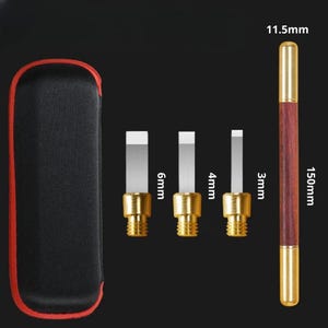 May include: Set of four gold-toned tools with different sized blades, ranging from 3mm to 6mm, and a wooden handle tool with a gold-toned tip. The tools are in a black carrying case with a red zipper.