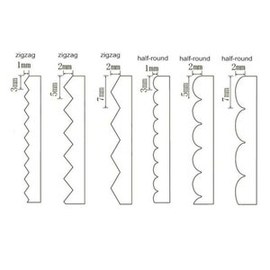Puede incluir: Diagrama que muestra diferentes tipos de bordes decorativos para telas, incluidos estilos en zigzag y medio redondo. Los bordes se muestran en varios tama&ntilde;os, con medidas en mil&iacute;metros.
