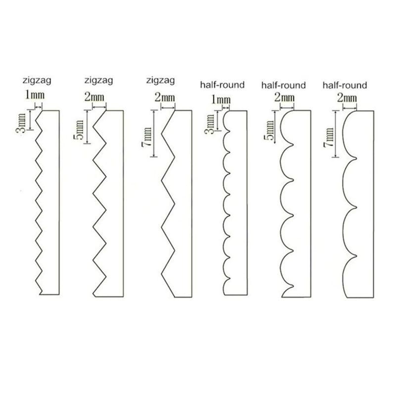 Puede incluir: Diagrama que muestra diferentes tipos de bordes decorativos para telas, incluidos estilos en zigzag y medio redondo. Los bordes se muestran en varios tama&ntilde;os, con medidas en mil&iacute;metros.