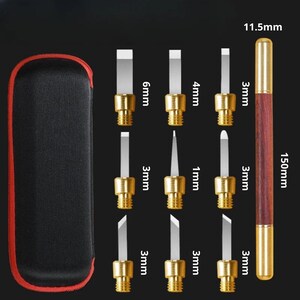 May include: Set of 10 different sized metal tipped tools with a wooden handle, all in a black carrying case. The tools are labeled with their size in millimeters, ranging from 1mm to 6mm. The wooden handle is 150mm long and the metal tip is 11.5mm long.