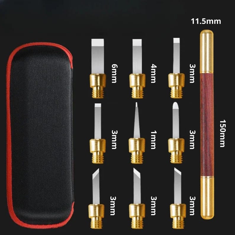 May include: Set of 10 different sized metal tipped tools with a wooden handle, all in a black carrying case. The tools are labeled with their size in millimeters, ranging from 1mm to 6mm. The wooden handle is 150mm long and the metal tip is 11.5mm long.
