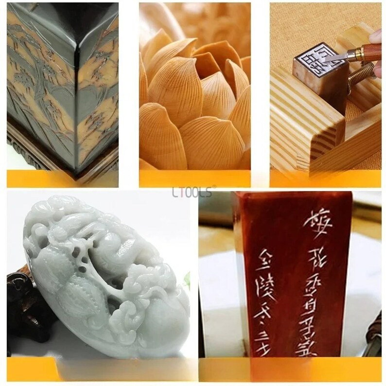 May include: A collection of four different types of Chinese seals, each with intricate carvings and designs. The seals are made of various materials, including wood, jade, and red stone. The seals are used for stamping and marking documents, art, and other items.
