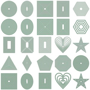 Può includere: Una collezione di forme fustellate nidificate verdi, tra cui cerchi, ovali, quadrati, rettangoli, esagoni, cuori e stelle. Le forme sono disposte in file e colonne su sfondo bianco.