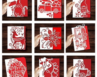 Kerstkaart Die Cuts | Vrolijk Kerstfeest, Rendier, Kabouter, Poinsettia, Koffie/Thee kopje, Lantaarns, Vrachtwagen