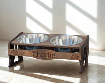 Comedero elevado personalizado para perros: madera de abedul, acero inoxidable, raza grande