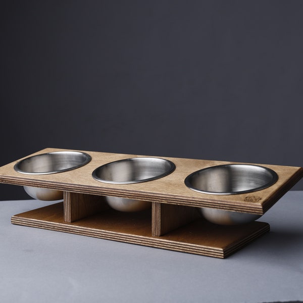 Tilted Cat or Small Dogs - Bowl Stand - Elevated Feeder - Triple Raised Feeding Station - Triple Cat or Small Dog bowl stand