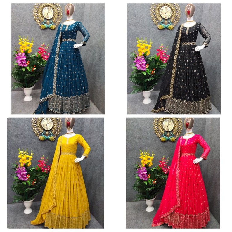 Senfgelbes Anarkali Kleid mit Pailletten & Fadenarbeit - Etsy