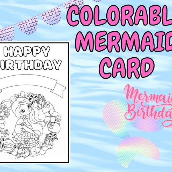 Colorable Printable Birthday Card | Mermaid Coloring Birthday Card | Color Your Own Birthday Card Set | Includes Printable Envelope Template