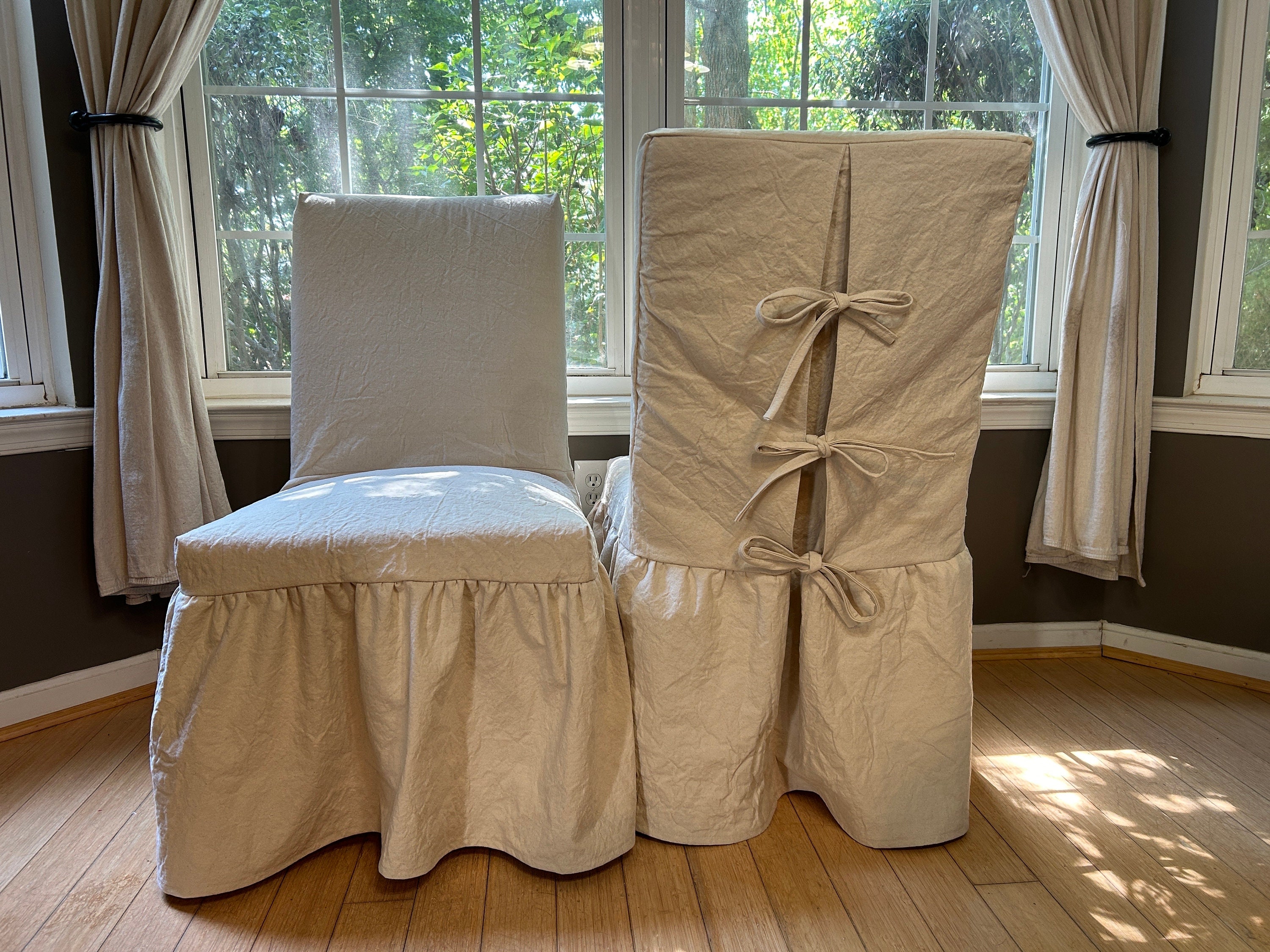Custom Parsons Chair Cover W/ Long Gathered Skirt Tie Back