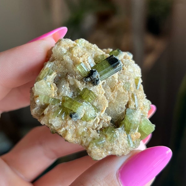 Green Tourmaline, Capped Tourmaline Verdelite on Calcite from China, Mineral Specimen, Crystal gift, Green crystals
