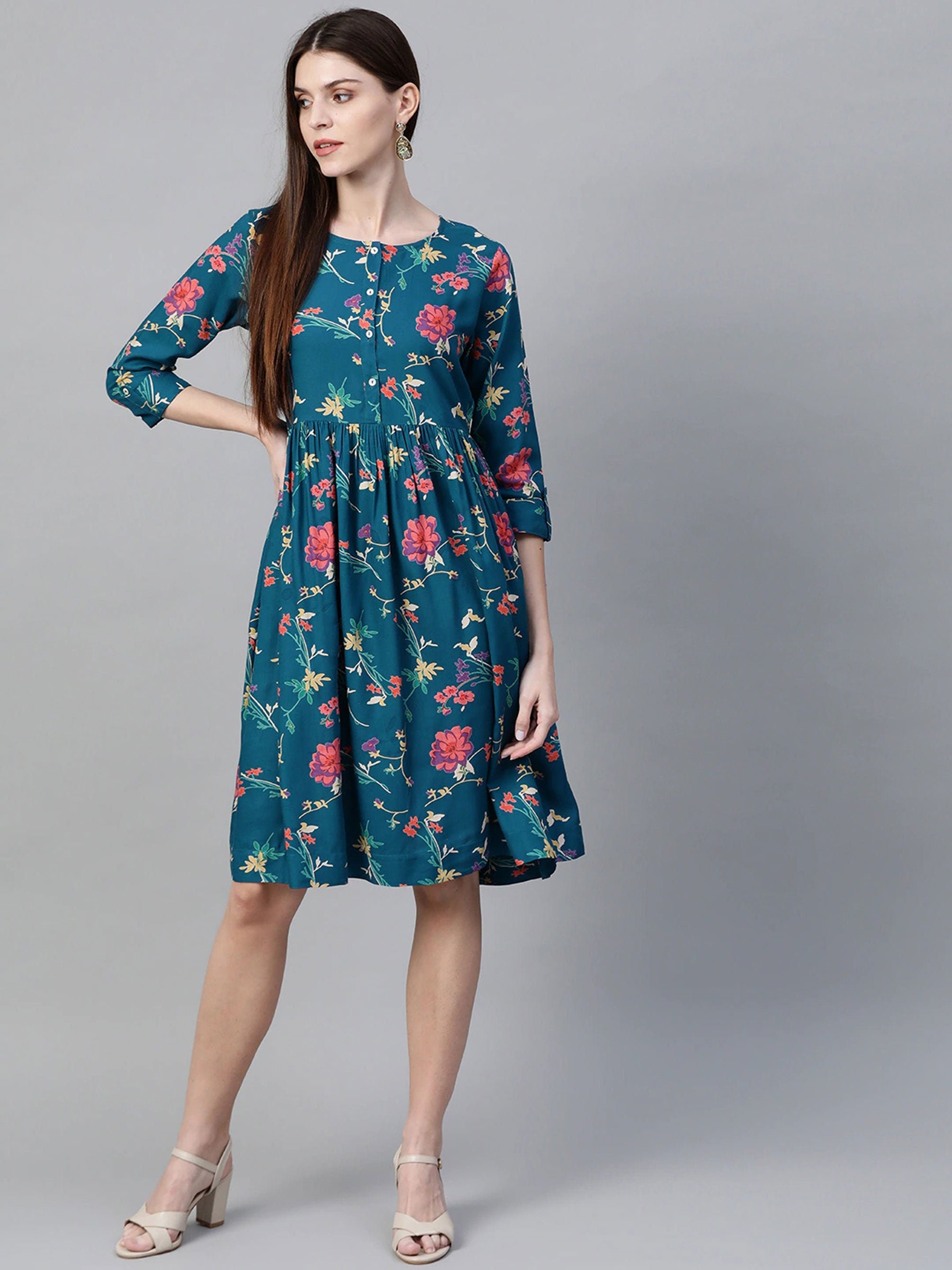 Teal Blue Dress Floral Dress Sustainable Gift Prom Dress Etsy