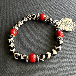 Black & White Agate Beaded Bracelet with Red Ceramic Accents | Silver Coin Charm | Handmade Boho Stackable Arm Candy | Statement Jewelry