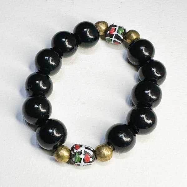 Black Wood & Krobo Beads with Gold Accent Unisex Beaded Bracelet