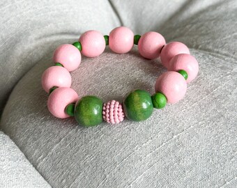 Pink and Green Wood Beaded Bracelet