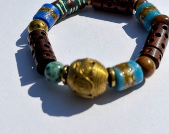 Brass and Wood Barrel Beads with Recycled African Glass Krobo Beads Bracelet for Women and Men Unisex Bracelet