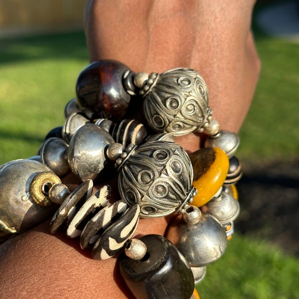 Matte Silver Moroccan Floral and Berber Silver Bicone Tribal Chic Beaded Bracelet Stack