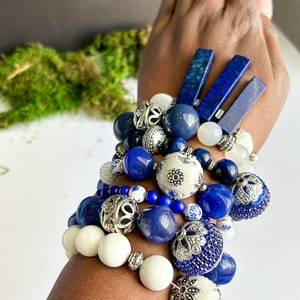 Mix and Match Blue White and Silver Bracelet Stack. OOAK