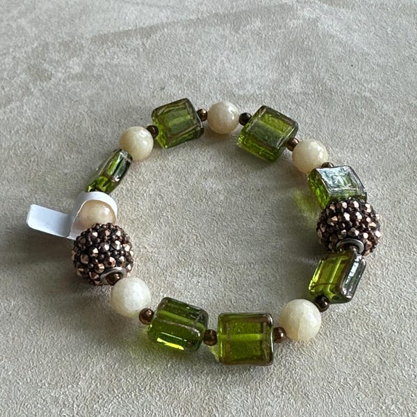 Green, Cream & Rose Gold Beaded Bracelet | Mixed Materials Multi-Shaped Jewelry | Handmade Dressy OOAK Bracelet by Attrice | 7.5"