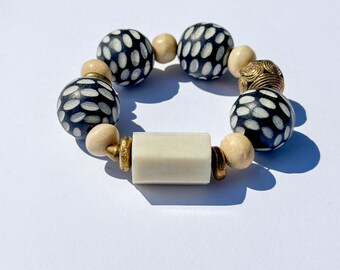 Philippine Striped Black Wood and Bone Beaded Bracelet with Brass Accent Beads