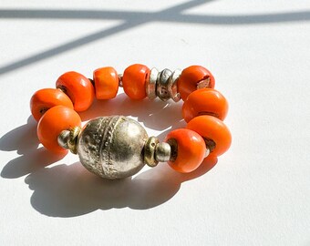 Tribal and Boho Inspired Orange Bracelet with  Ethiopian Silver Focal Beads