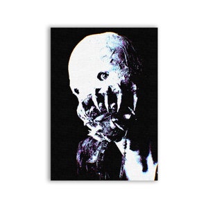 May include: A black and white digital art print of a creature with a white face and a dark, textured mouth. The creature's eye is visible and appears to be looking to the left.