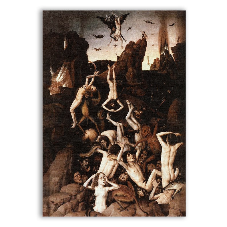 May include: A painting depicting a scene of hell with numerous figures falling into a fiery abyss. The figures are contorted and appear to be in pain. The painting is dark and dramatic, with a sense of chaos and despair.