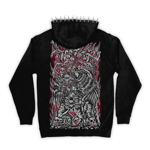 May include: Black hooded sweatshirt with a graphic print of a skeletal figure with wings surrounded by skulls and bones. The graphic is in shades of gray and white against a red background.